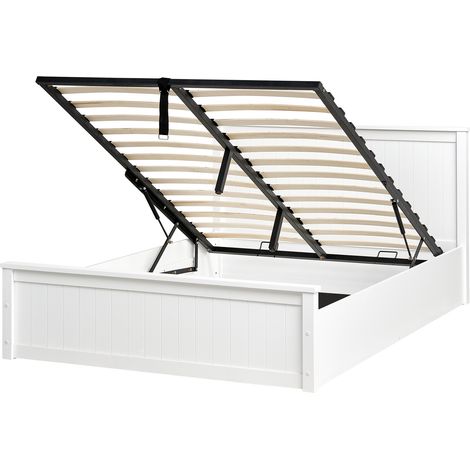 Cama con almacenaje de madera de pino con marco elevable 140 x 200 cm blanco Lambres