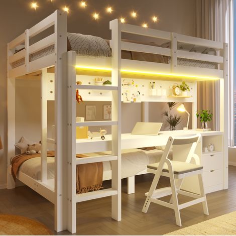 Lit superposé 140x200/90x200 cm enfant avec bureau, tiroirs, panneau perforé et LED, pin blanc naturel (1/5)