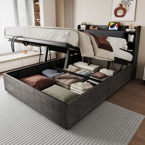 Lit double bois 180x200 cm hydraulique, tête de lit rangements, ports USB et USB-C, gris (sans matelas) (1/5)