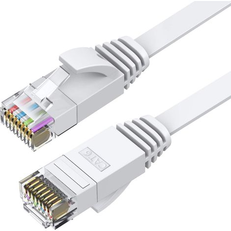 Câble Ethernet plat Cat 6 de 15 mètres, câble Ethernet Cat6 haut débit UTP 10 Gbit/s, câble Cat 6 en cuivre pur, câble Ethernet long pour le câblage réseau à domicile ou au bureau, blanc