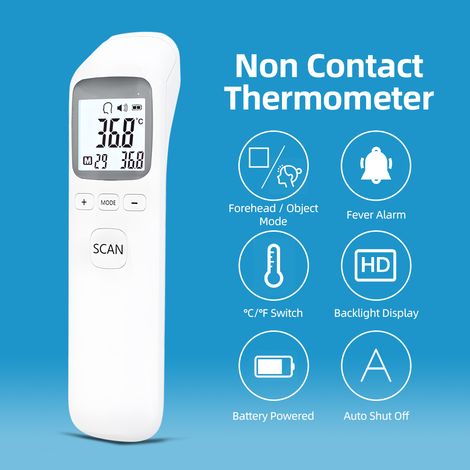 Thermètre Infrarouge Frontale - Thermètre Digital Sans Contact avec Alarme Fièvre, Précision Instantanée, Mémoire 32 Lectures, écran LCD, ABS Blanc, 165 x 40 x 40 mm, Souple et Multifonctionnel (1/4)