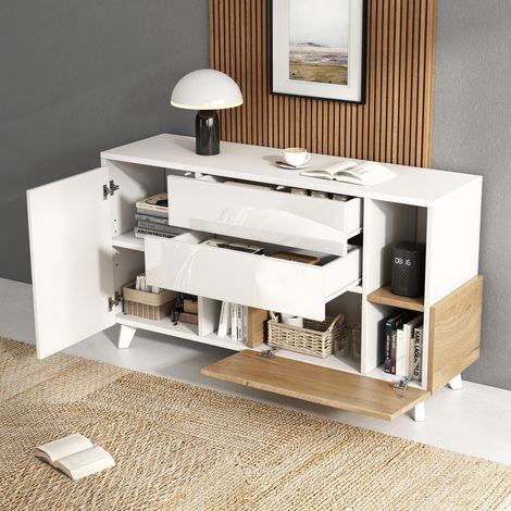Sideboard Skandinavisch, 1 Tür, 2 Schubladen und Offene Fächer, Hochglanz, 130×40×70 cm, für Wohnzimmer, Spanplatte, Weiß und Eiche (1/5)