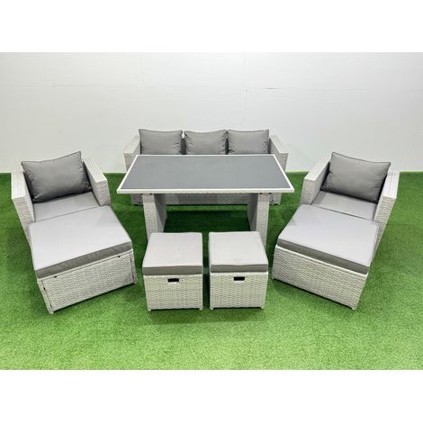 Fimous Patio Garden Furniture Sets with Black Glass Top Dining Table Armchair 3 Seater Sofa 4 Stools Light Grey (1/4)