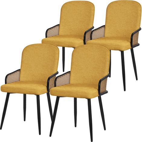 ML-Design Juego de 4x Sillas de Comedor con Funda de Tela Mostaza, Asiento de Salón con Respaldo, Reposabrazos con Aspecto de Ratán Mueble Tapizado con Patas de Metal, Sillón Ergonómico de Cocina (1/5)