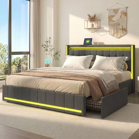 Lit Double 140x200, Lin Gris Foncé, Tête de Lit Rembourrée LED USB, 4 Tiroirs Rangement, Sommier à Lattes Cadre Métal, Meuble Chambre Moderne