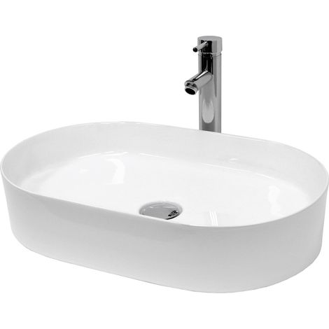 ECD Germany Waschbecken Waschtisch 605x380x125 mm Keramik Oval Weiß inkl. Ablaufgarnitur für Waschbecken ohne Überlauf Aufsatzbecken Aufsatzwaschbecken Aufsatzwaschtisch Waschschale Spülbecken Becken