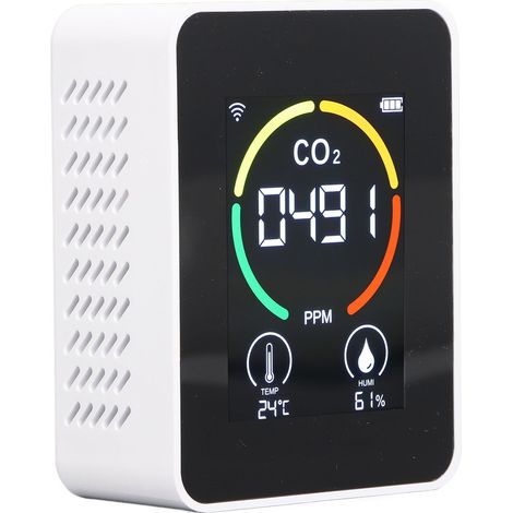 Détecteur portable de dioxyde de carbone, thermomètre et hygromètre alimentés par batterie, moniteur de qualité de l'air, capteur WiFi intelligent infrarouge, blanc.