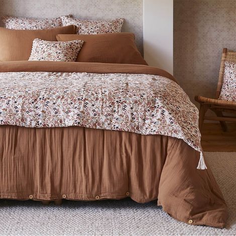 Altobuy – Chemin de lit 90x200 cm en gaze de coton blanc – Imprimé floral – Densité 125 g/m² – Finition pompons aux 4 coins – Certifié OEKO-TEX