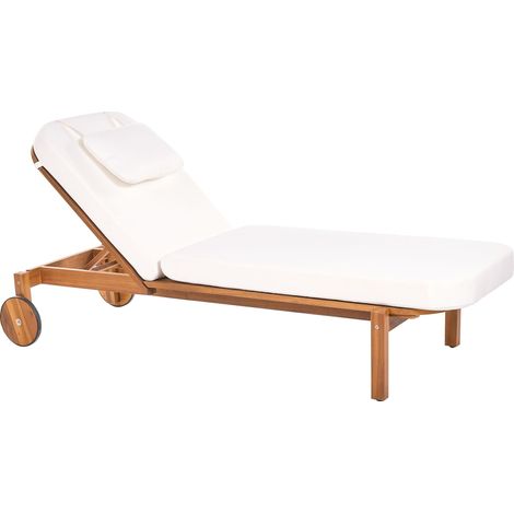 Sun Lounger Brown White Certified Acacia Wood Fabric with Reclining Backrest and Wheels Cushion with Removable Cover LATERZA (1/5)