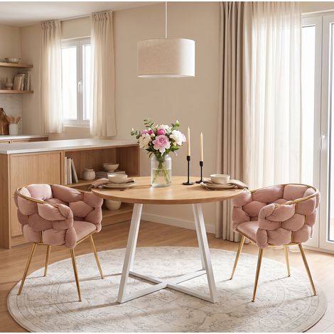 Silla de acento con reposabrazos de terciopelo rosa, acolchado grueso, patas de metal dorado (1/5)