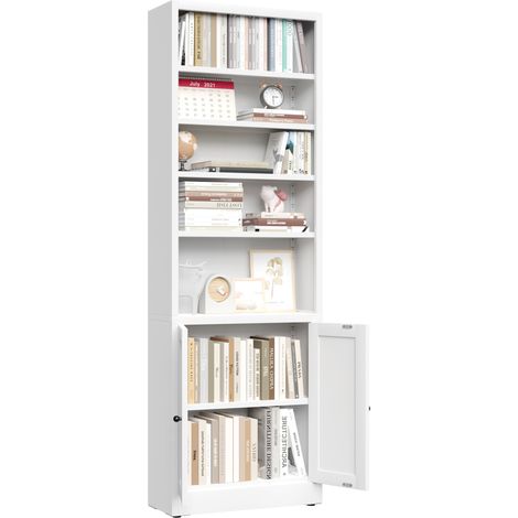 Bibliothèque en métal blanc à 5 niveaux avec porte, étagères réglables, H 180 x L 60 x P 23,6 cm (1/5)