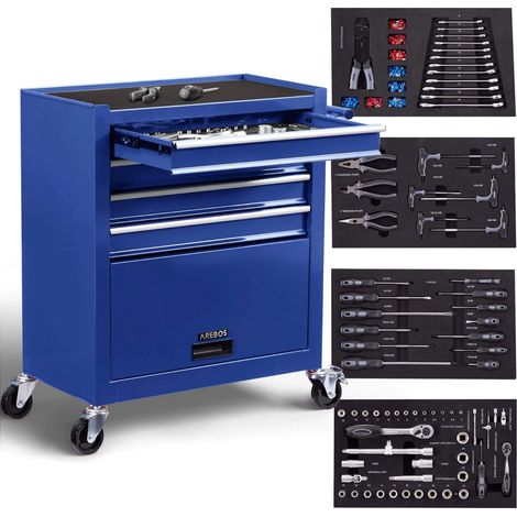 Arebos – Servante d'atelier 4 tiroirs avec 81 outils – Acier robuste – Roulettes avec frein – Verrouillage de sécurité – Grand compartiment de rangement