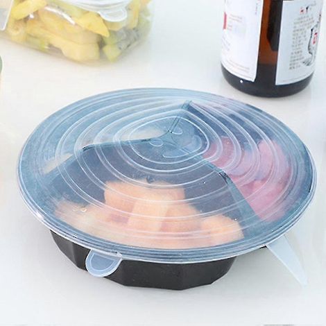 Set mit 6 lebensmittelechten Silikon-Vakuumdeckeln.