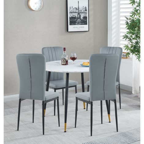 Hallowood Furniture Finley Round Dining Table and Chairs Set 4, White Marble Effect Small Table and Chairs in Light Grey Faux Leather, Dining Room Sets for Home, Office or Café, Kitchen Furniture (1/5)