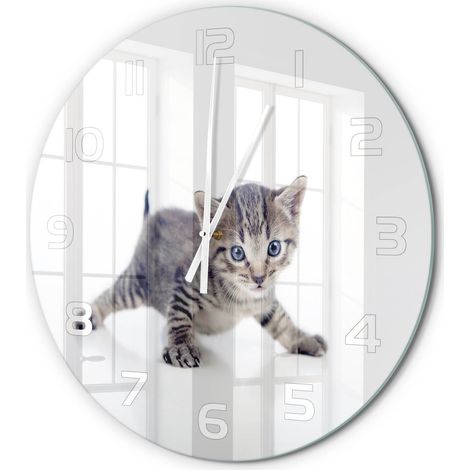 Horloge Murale Ronde Sans Cadre en Verre Trempé Silencieuse et Moderne Petit chat fi 60 cm (1/5)