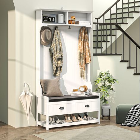 Porte-manteaux avec banc à chaussures, 4 crochets, étagères et tiroirs, garde-robe d’entrée moderne blanche avec anti-basculement  CHICFURN (1/5)