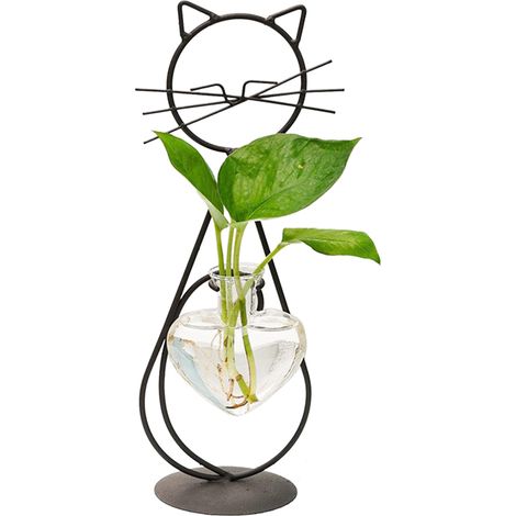 Vase Hydroponique pour Plantes avec Support en Fer à Motif Chat
