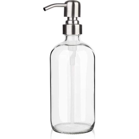 Distributeur de savon en verre - Plat transparent pour cuisine, distributeur de savon liquide rechargeable avec pompe en acier inoxydable antirouille pour salle de bain, comptoir (500 ml) (1/3)