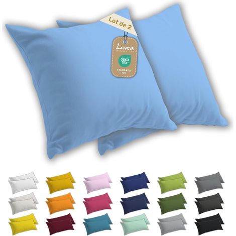 Taies d’Oreiller 80x80 cm Lot de 2 – Housses de Coussin en Coton Jersey 100% Doux et Respirant avec Fermeture Éclair YKK – Bleu Ciel (1/5)