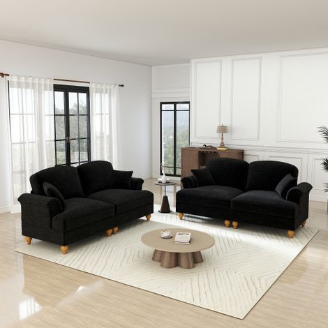 Elegantes Mid-Century L-förmiges 2-Sitzer Sofa aus Chenille mit Trichter-Armlehnen, abnehmbarer Rüschenschürze, spindelförmigen Beinen & beweglichem Hocker,Schwarz 
WL