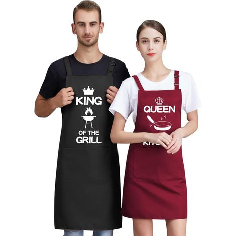 2 Pièces Tablier Cuisine Homme Femme, Rouge Noir Tablier de Cuisine Coton avec 2 Poches, Etanche Tablier Personnalisé Réglable Chef Barbecue Patissier Restaurant Cadeau Couple (1/5)