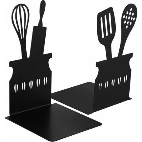 Serre-livres de cuisine noir Cuillère Livre de cuisine décoratif Serre-livres en métal avec tapis antidérapant Stockage de livres de cuisine en métal Bouchons de livres Support de livre de cuisine en (1/5)