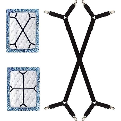 Set mit 2 verstellbaren Spannbettlakenhaltern mit Clips, verstellbarem Kreuzspanner, geeignet für alle quadratischen Matratzen – Schwarz (1/4)