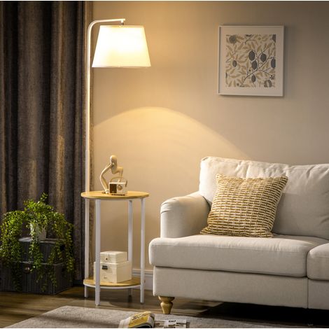 Lámpara de pie con 2 estantes, 162 cm, pantalla de tejido efecto lino, blanco DESVIAE (1/5)