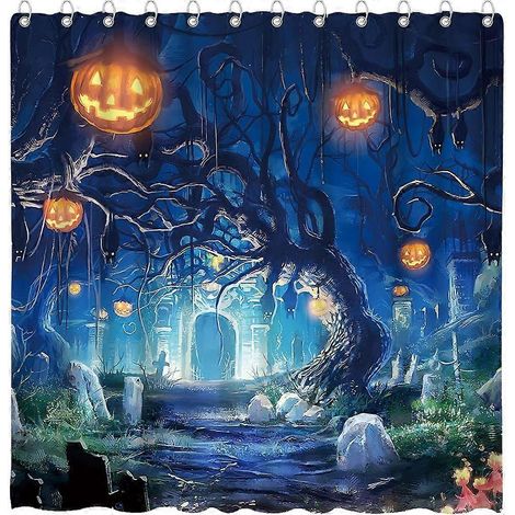 Rideau de douche Halloween 182,88 cm x 182,88 cm, motif arbre, forêt effrayante, citrouilles lumineuses, maison hantée, chauve-souris inversée, baignoire D (1/4)