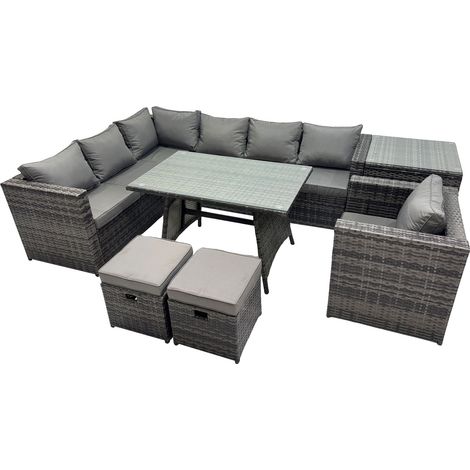 Fimous 9-seater Outdoor PE Rattan Sofa Set with Dining Table Patio Garden Furniture Sets with Chair 2 Small Stools Dark Grey Mixed (1/5)
