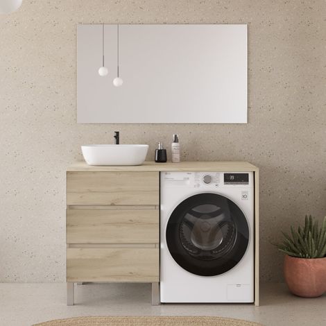 Meuble lave linge 124cm avec plateau et vasque arrondie - 3 tiroirs - nebraska (chêne clair) - CRUZ (1/5)
