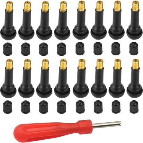 Valve Pneu Voiture 16 Pièces Valves de Pneu Valve Autos de Caoutchouc Voiture Pneu Tubeless Valve Bouchon Tige de Valve de Pneu avec clé pour Pneu Tubeless Trous de Ourlet Noir (1/5)