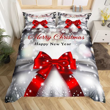 Impression Arc Rouge Literie Set Joyeux Noël Housse de Couette Garçon Fille Enfant Bonne Année Parure de Lit Flocon de Neige Thème d'hiver Couvre Lit Décorations de Noël Literie 140x200 - 140x200cm + (1/5)