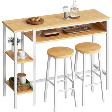 Bartisch Set mit 2 Hockern und 3 Ablagen, Küchentisch für 2 Personen, Weiß & Natur (1/5)
