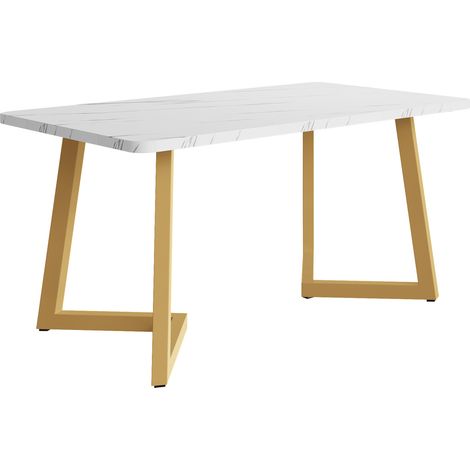 Table à manger rectangulaire 117x68 cm avec plateau effet marbre MDF et pieds en métal doré (1/5)