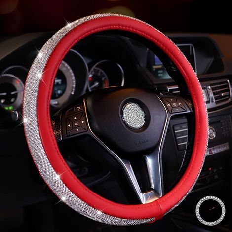 Couvre Volant Paillette Strass Protege Volant Voiture en Cristal Diamant Brillant 38 cm Antidérapant Glitter Housse Volant Voiture Bling Accessoires pour Femmes (Rouge-Blanc) (1/5)