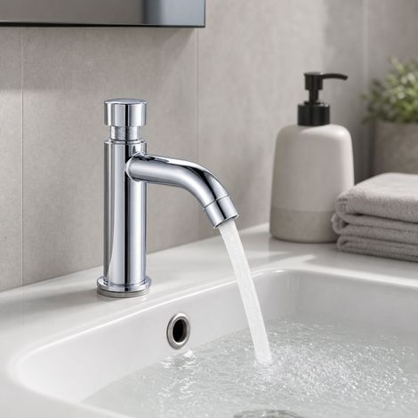 Robinet mitigeur à bouton poussoir temporisé eau froide, corps en laiton massif chromé, hauteur 155mm, idéal pour sanitaires publics (1/5)