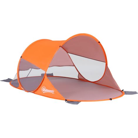 Tente de plage pop-up automatique instantanée orange, abri pliable avec protection UV, fenêtre arrière, idéal pour le camping et la plage. (1/5)