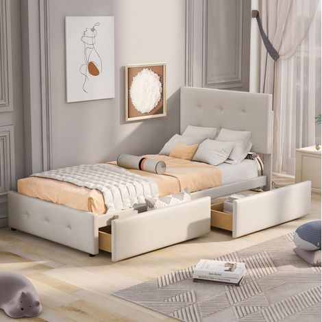 MEUBLIV Lit 90x200 cm beige – avec rangement et tête de lit, sans matelas (1/5)