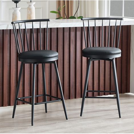 Lot de 2 tabourets de bar en métal style Windsor, siège rembourré PU noir, hauteur bar (1/5)