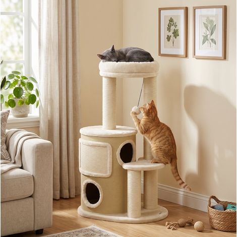 Rascador para gatos de 4 niveles con cueva de 2 pisos, postes y alfombra de sisal, cama elevada y pompón – CHICFURN, ideal para 1 o 2 gatos de hasta 5 kg (1/5)