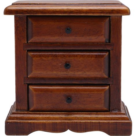 Table de chevet pour maison de poupée 1:12 en bois de bouleau avec 3 tiroirs fonctionnels réalistes couleur châtaignier (1/5)