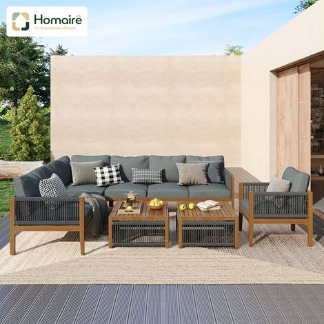 HOMAIRE Sitzgruppe Gartengarnitur 7-8 Personen mit Sofa, Tisch, Kissen, abnehmbarer und waschbarer Stoffbezug Natural & Grau