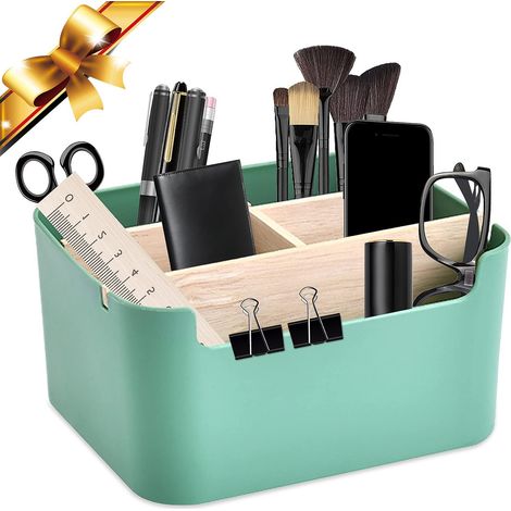 Organiseur de bureau en bois avec 5 compartiments, support pour stylos, téléphone, lunettes et télécommandes, design épuré