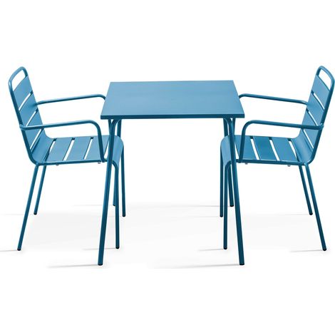 Ensemble table de jardin carrée et 2 fauteuils acier bleu pacific - Palavas (1/5)