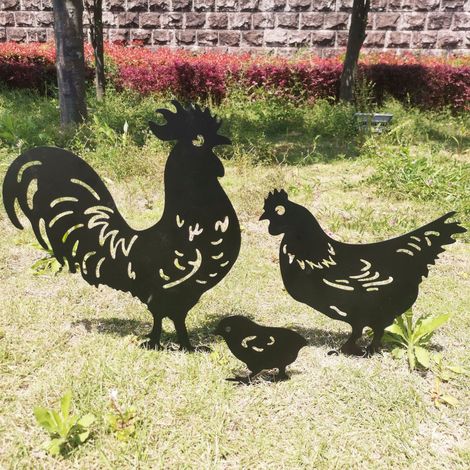 BRAVIX Lot de 3pcs figurine animale en Métal fer coq poule et poussin Statue Silhouette Décorative Ornement pour Cour Ferme Jardin Décoration