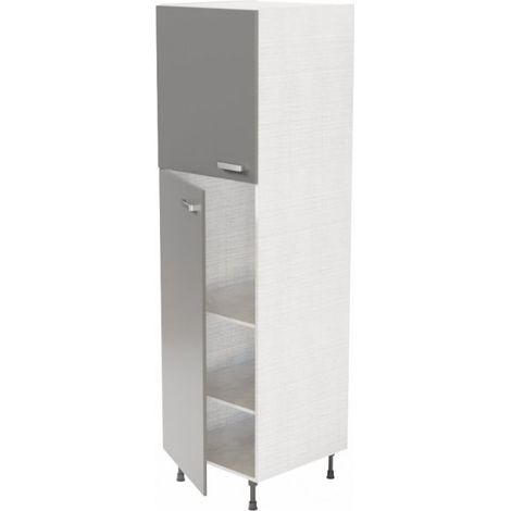 Cuisibane – Colonne de cuisine 60 cm x 200 cm – Caisson gris clair aspect tissé – 4 pieds réglables – Zones de rangement avec portes