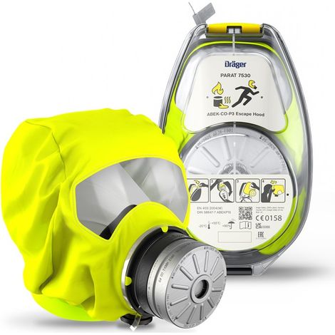 Cagoule d’évacuation industrielle – Protection contre incendie et gaz toxiques – Filtre ABEK CO P3 – Durée de protection 15 min – Taille universitaire – Drager