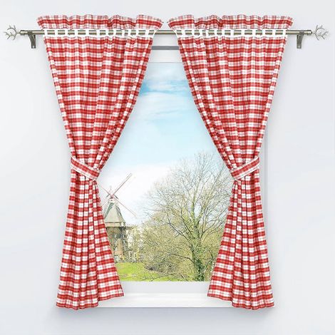 Rideaux occultants à deux panneaux avec motifs ajourés et à carreaux, compatibles avec des éléments décoratifs, rouges, 120/80 cm de hauteur/largeur. (1/4)