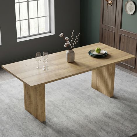 Mesa de comedor extensible 200x90x75 cm color roble en MDF con tablero grueso y patas sincronizadas (1/4)